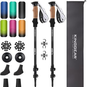 KINGGEAR Walking Stick, Lightweight 7075 Aluminum Adjustable Hiking Poles, Trekking Poles with Flip Lock, Retractable, Natural Anti-Sweat Cork and EVA Grips