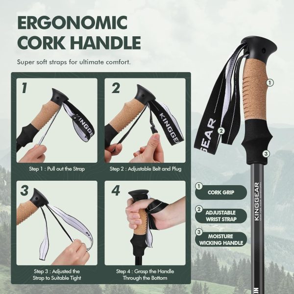 KINGGEAR Walking Stick, Lightweight 7075 Aluminum Adjustable Hiking Poles, Trekking Poles with Flip Lock, Retractable, Natural Anti-Sweat Cork and EVA Grips - Image 3